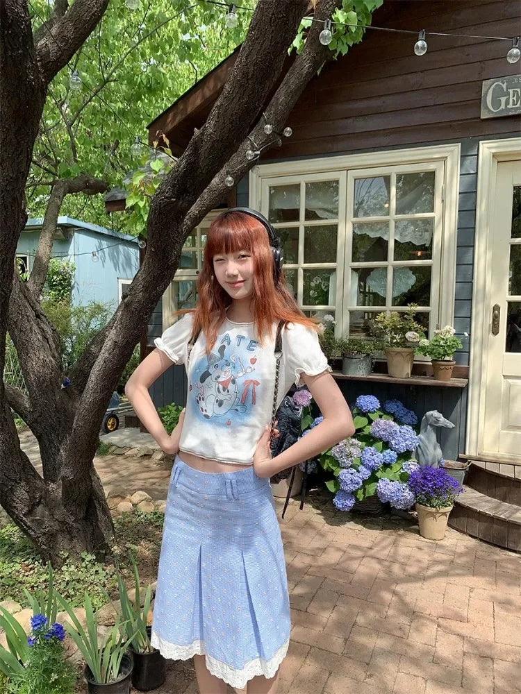 Elegant Skirts Women Floral Printed Plaid Lace Patchwork Spring Summer Sweet Vintage Fashion Female Skirt Casual