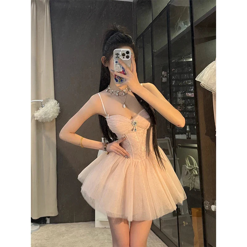 Sweet Mini Dress Women Birthday Party Mesh Patchwork Spaghetti Strap Dresses Summer Y2K Korean Fashion Bodycon Design Vestidos