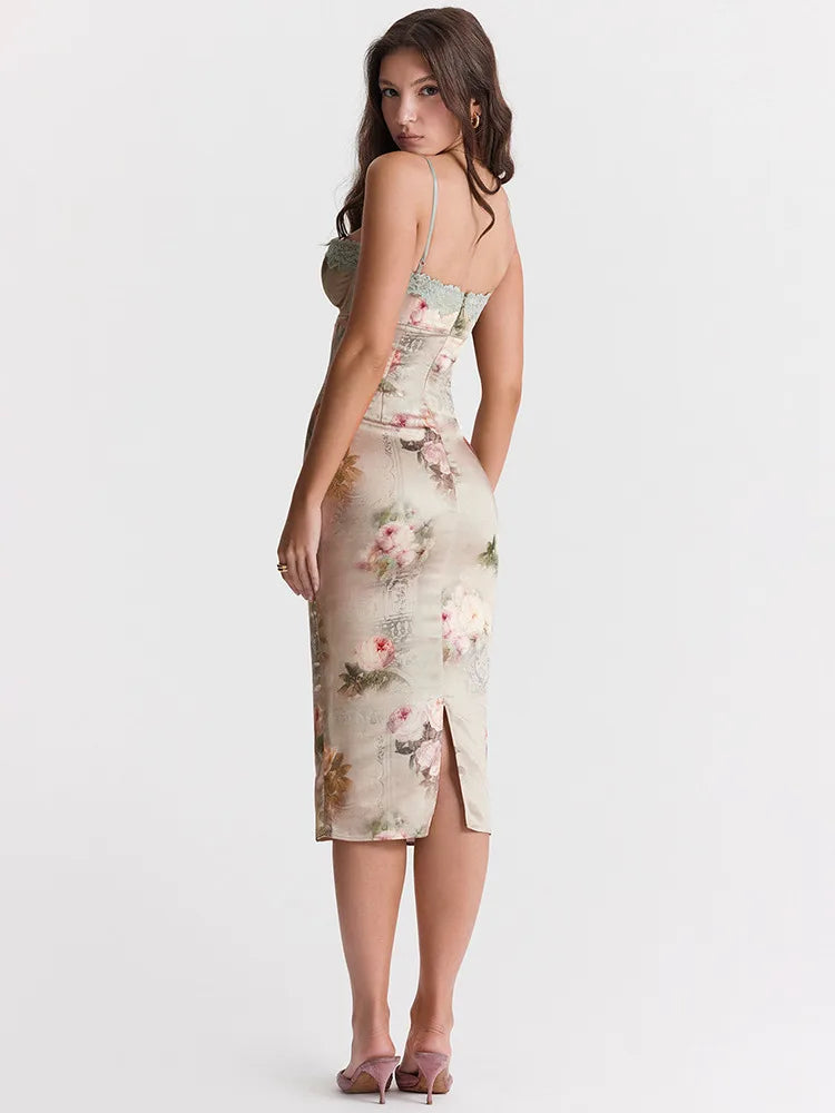 Floral Print Lace-Trim Sweetheart Spaghetti Strap Bodycon Midi Dress