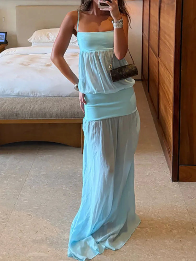Fashion Hight Waist Vacation Long Dress Elegant Off Shoulder Suspenders Dress Women's Sexy Sleeveless Mesh Patchwork Solid Gowns