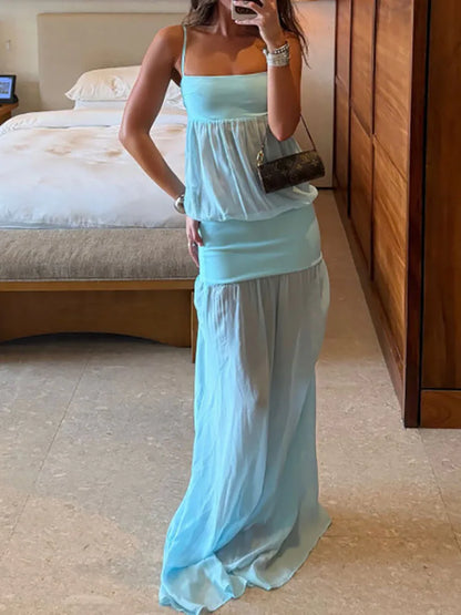 Fashion Hight Waist Vacation Long Dress Elegant Off Shoulder Suspenders Dress Women's Sexy Sleeveless Mesh Patchwork Solid Gowns
