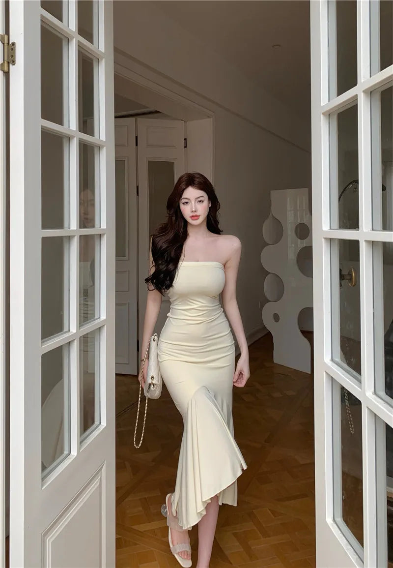 Summer Aesthetic Midi Dress Women Strapless Fishbone Bandage Irregular Dress Party Club Sexy Elegant Dresses Backless Solid