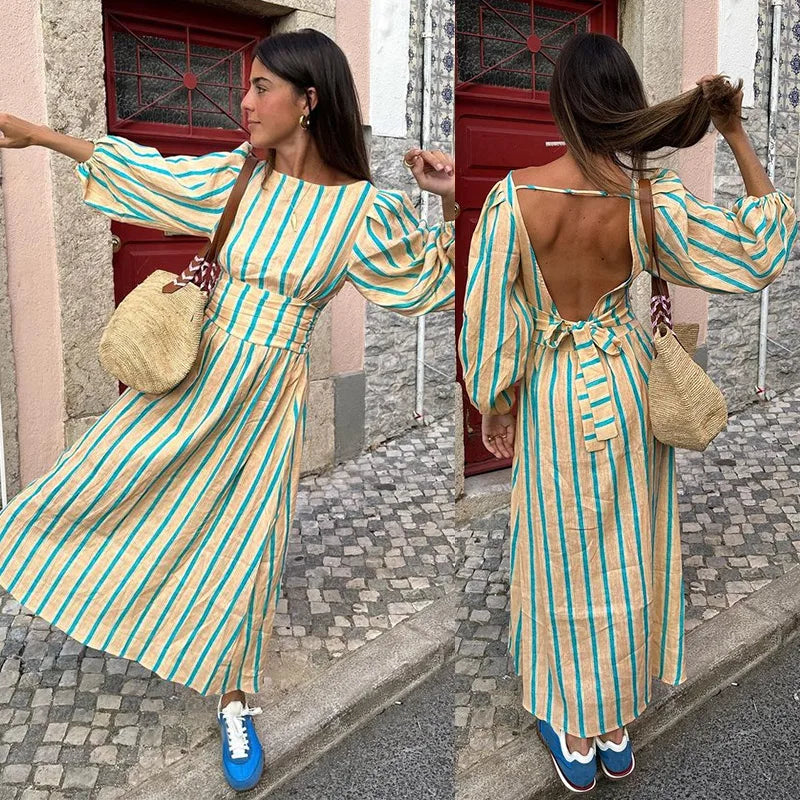 Casual Stripes Long Dresses Women Loose Backless Lace Up Long Lantern Sleeve Dress Female Summer Fashion Streetwear Lady