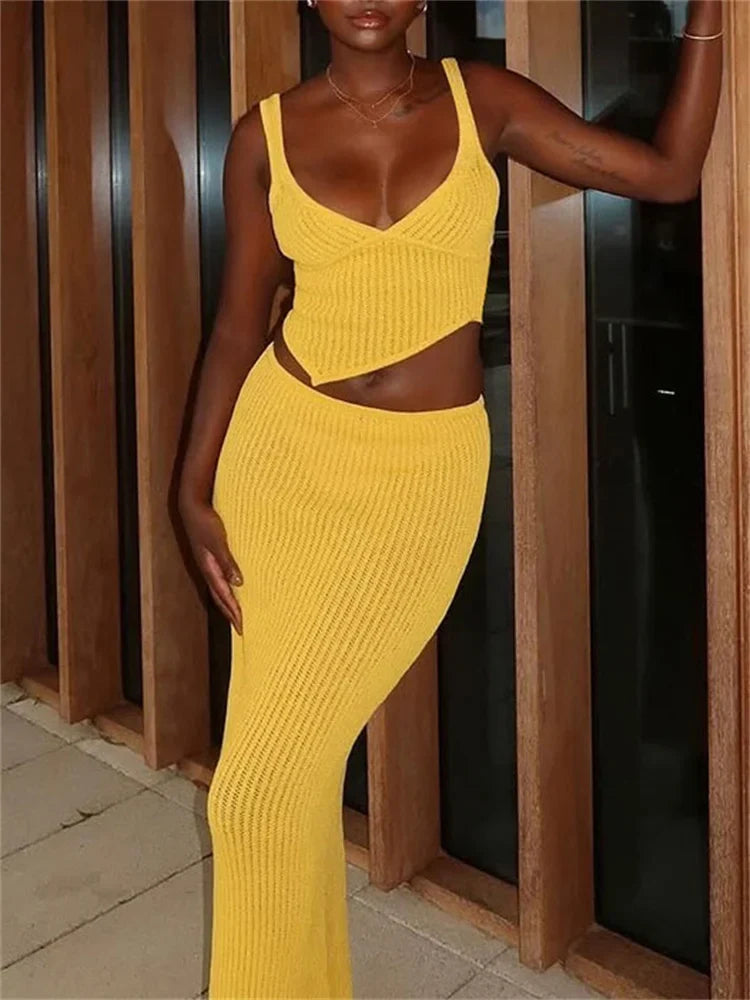 Summer Long Skirt 2 Piece-Set Female Ribbed Backless Cropped Top And High Waist Maxi Skirt Sets Knitwear Outfits Women's