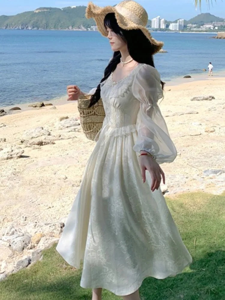 Women Puff Sleeves Floral Lace Up Midi Dress Summer Elegant Medieval Retro Evening Party Prom Chic One-piece Clothing