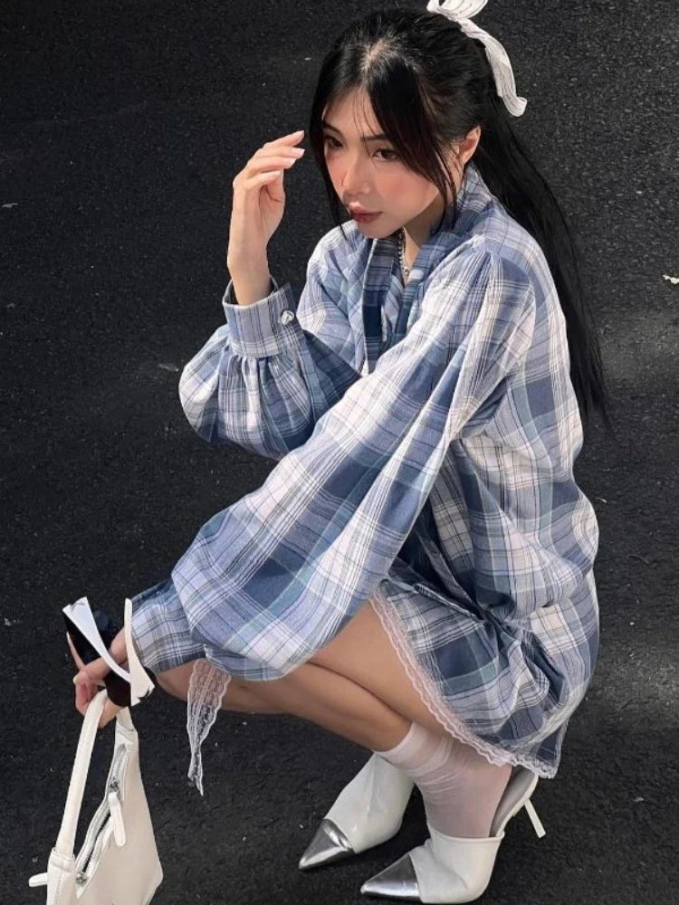 Elegant Plaid Dress Women Y2k Lantern Sleeve Low Waist Short Skirt Lace Up Summer Spring Harajuku Oversize Mini Dress
