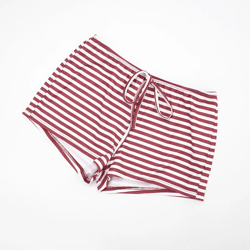 Autumn Striped Women Casual 2 Piece Set Tracksuits O Neck Long Sleeve Loose T-shirts Tops + Drawstring Shorts Home Suits
