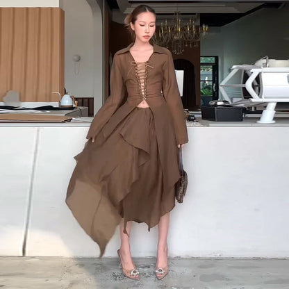 Lace Up V-Neck Shirt Ruffle Skirt Women Set Strings Lapel Sexy Waist Cinched Slimming Blouse Top Irregular Long Skirts Suit New