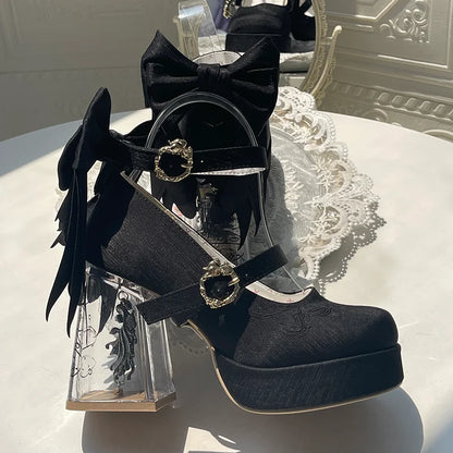 Original Lo Cos High Heels Spring and Autumn New 2025 Japanese Girls Women's Cute Bow Elegant Platform Shoes Y2k Sweet Pumps