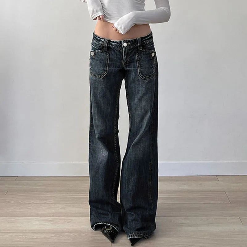 Grunge Aesthetic Flare Jeans Women Retro Stylish Y2K Dark Blue Denim Pants Spring Outfits Casual Slim Trousers Ladies