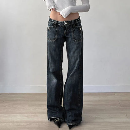 Grunge Aesthetic Flare Jeans Women Retro Stylish Y2K Dark Blue Denim Pants Spring Outfits Casual Slim Trousers Ladies