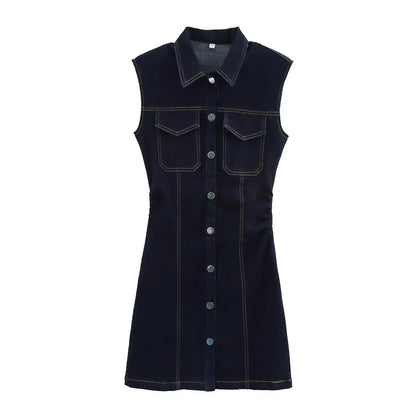 Turn Down Collar Sleeveless Denim Dress Single Breasted Short Dress For Women 2025 New Tight Navy Blue Summer Dresses Vestidos