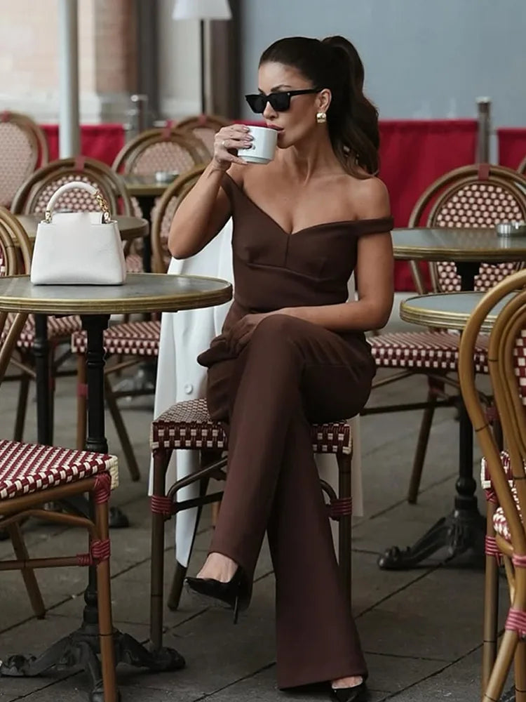 Women's Suit Solid Off Shoulder Backless Waist Cinching Sleeveless Top Straight Trousers Female 2 Pieces Summer Matching Sets