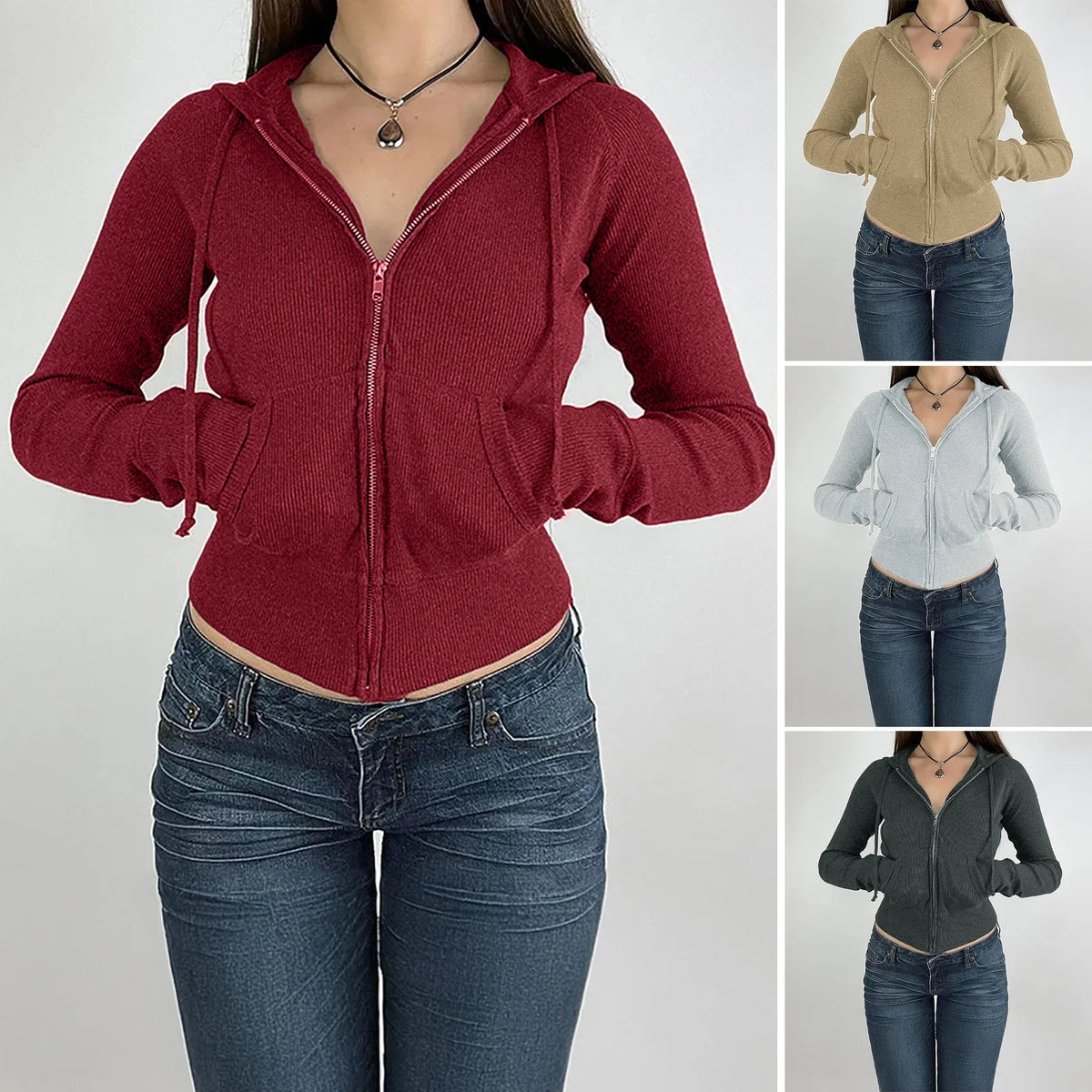 High Quality Hot Selling Luxury 2024 Autumn Winter Temperament Slim Fit Short Zipper Cardigan Hooded Jacket Women's Clothing Y2k