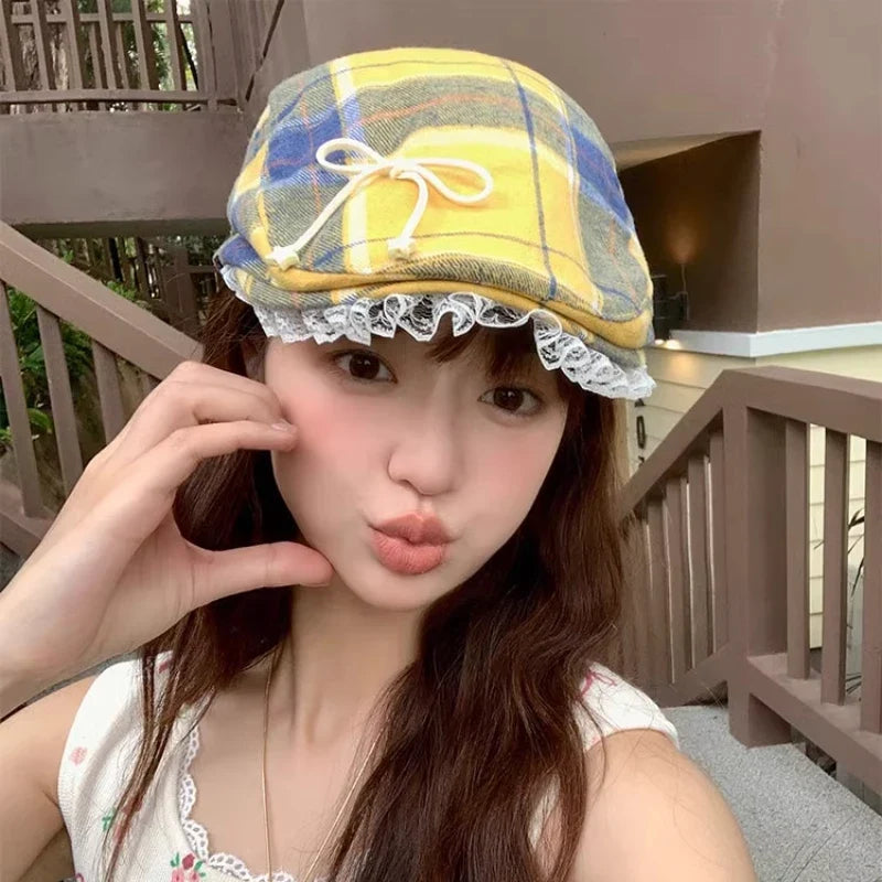Y2K Cute Bow Lace Berets Cap for Women Spring Summer Sweet and Cool Versatile Dopamine Contrasting Color Plaid Forward Hats