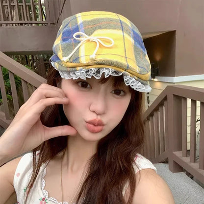 Y2K Cute Bow Lace Berets Cap for Women Spring Summer Sweet and Cool Versatile Dopamine Contrasting Color Plaid Forward Hats