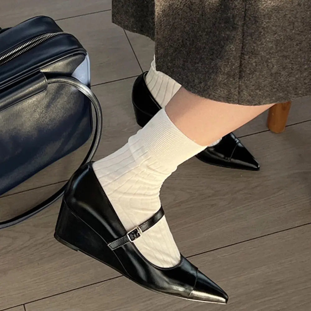 Design Summer Vintage Wedges Heels Black Mary Jane Shoes Women Spring Silver Elegant Pointy Toe Pumps High Quality