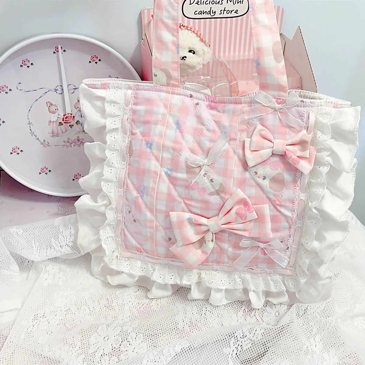 Pink Lace Trim Canvas Handbag Multi-functional and Portable Bag for Girls with a Touch of Cuteness