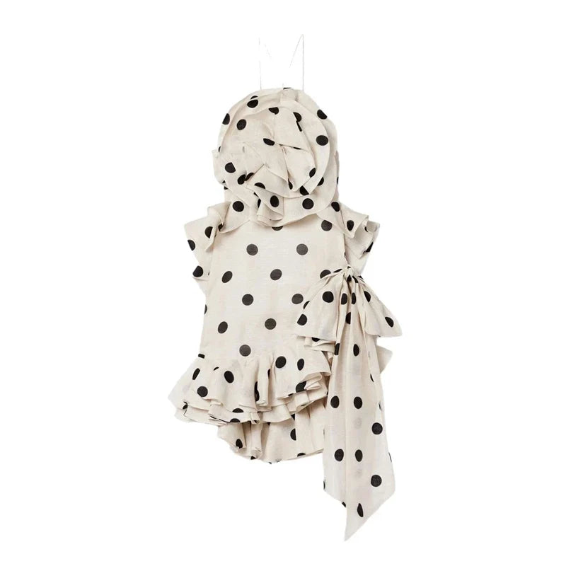 Linen Silk Classic Dot Print 2025 New High Quality Sleeveless Backless Appliqued Irregular Hem Ruffles Women White Mini Dress
