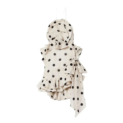 Linen Silk Classic Dot Print 2025 New High Quality Sleeveless Backless Appliqued Irregular Hem Ruffles Women White Mini Dress