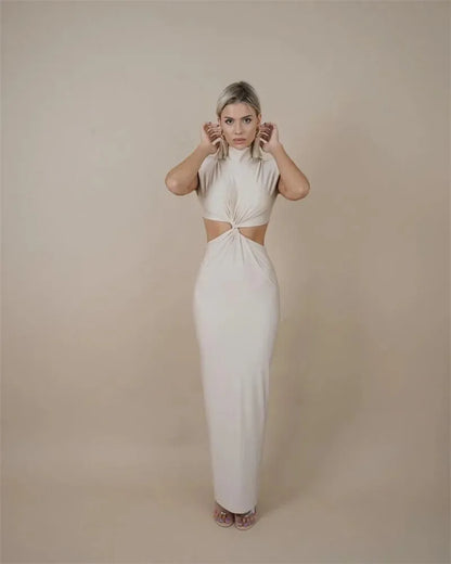 Mock Neck Structured Shoulder Waist Cutout Satin Maxi Gown