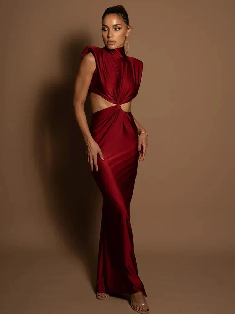 Mock Neck Structured Shoulder Waist Cutout Satin Maxi Gown