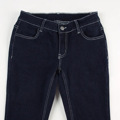 Vintage Dark Blue Y2K Flare Jeans Women Low Rise Skinny Denim Trousers Fashion Basic Boot Cut Pants Retro High Street