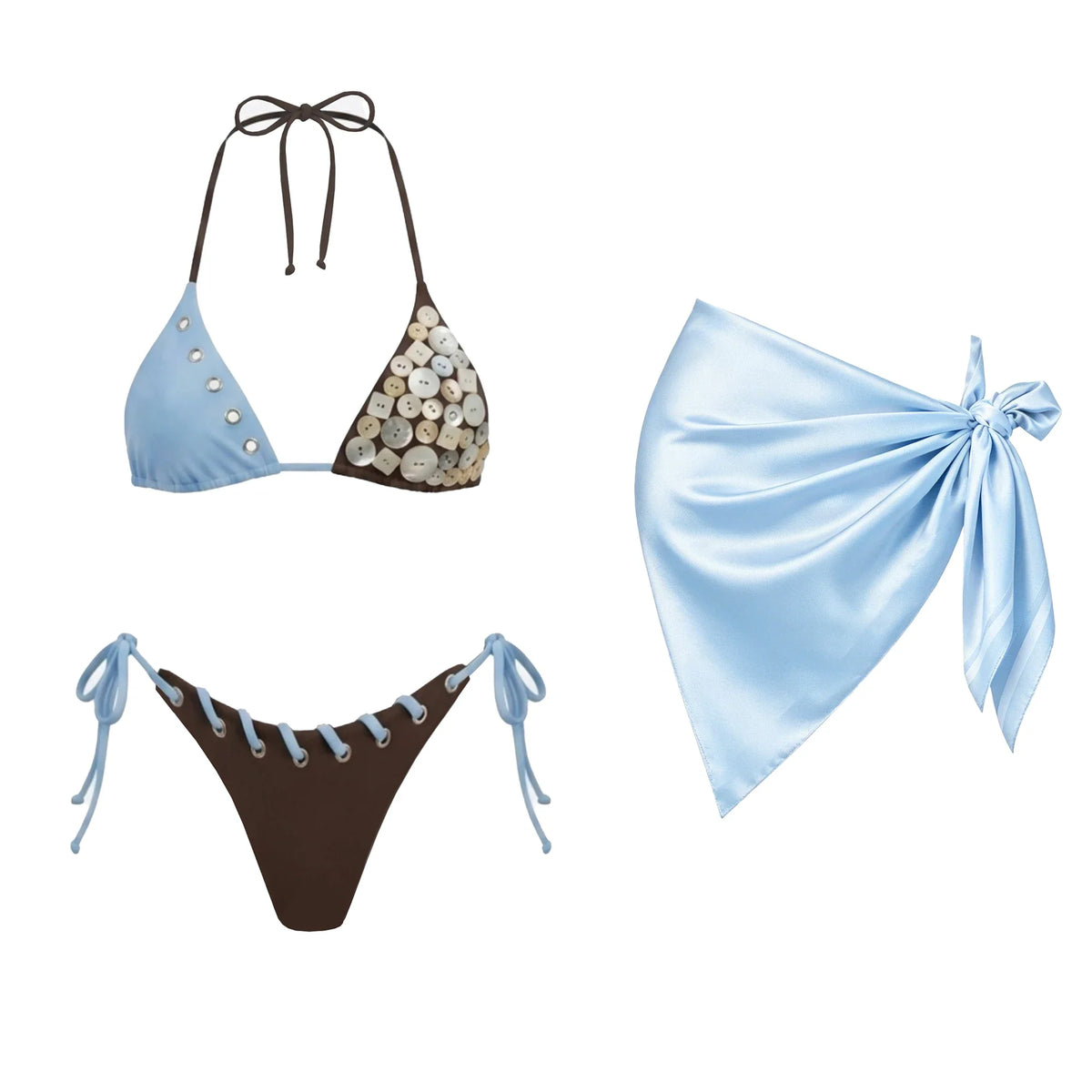 Sexy Button Bikini with Skirt Swimsuit Women Shirring Swimwear High Leg Resort Wear Bathing Suit Beachwear Halter Biquini
