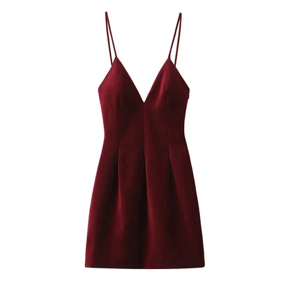 Spaghetti Strap Deep V Satin A-Line Mini Dress