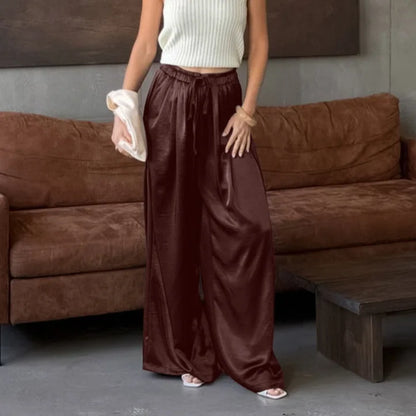 Women's Fashion Satin Pants Solid Vintage Lace Up Patchwork Loose Trouser Summer Elegant Casual Commute Female Trousers