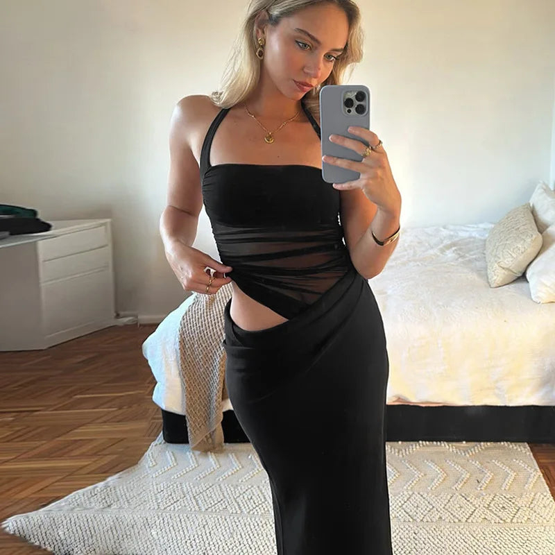 Halter Mesh Ruched Midriff Wrap Panel Bodycon Maxi Gown