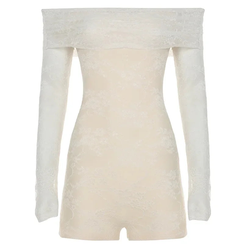 Sexy Lace See Through Off Shoulder Playsuits 2025 Spring Long Sleeve Ruched Slash Neck Jacquard Skinny Peach Hip Romper