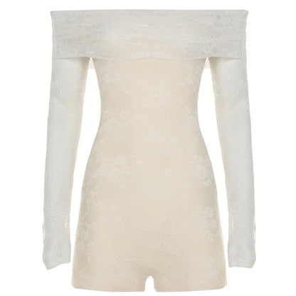 Sexy Lace See Through Off Shoulder Playsuits 2025 Spring Long Sleeve Ruched Slash Neck Jacquard Skinny Peach Hip Romper