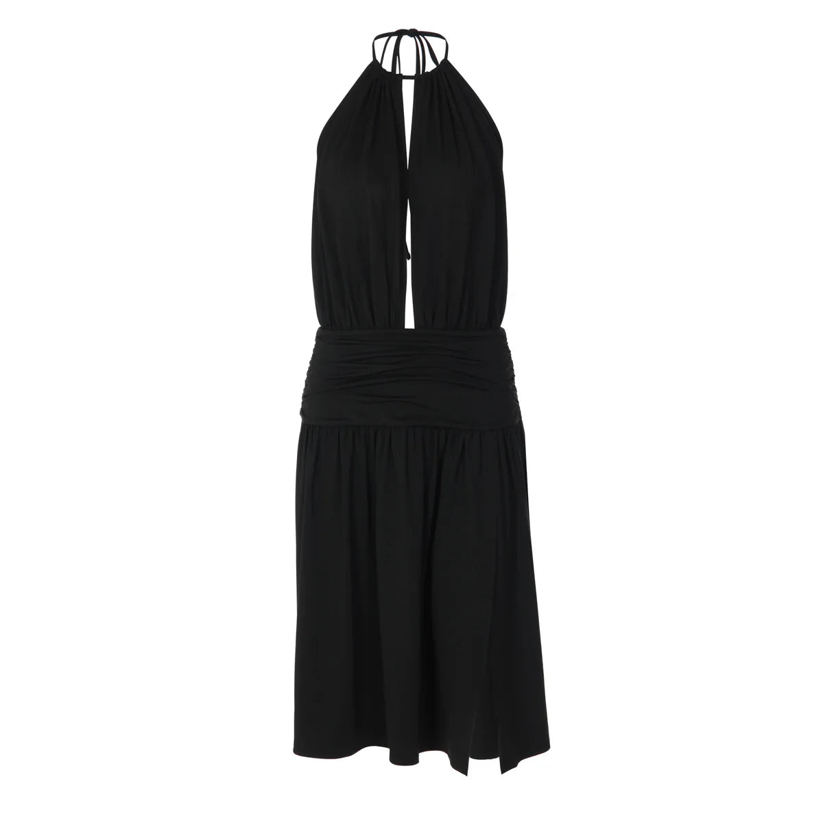 Elegant Women Streetwear Vacation Dresses Sexy Deep V-Neck Halter Dress Black Ruched Backless Lace Up Split Long Dress