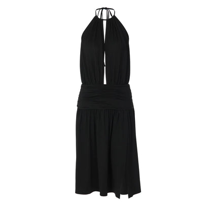 Elegant Women Streetwear Vacation Dresses Sexy Deep V-Neck Halter Dress Black Ruched Backless Lace Up Split Long Dress