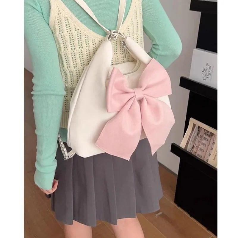 Pink Bow Womens Shoulder Bag Korean Style Fashion Large Capacity Sweet Backpack Cute Exquisite Elegant New Female Tote Bag