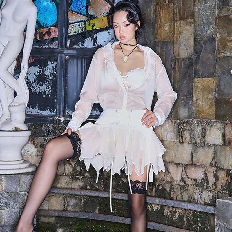 Sexy See-Through Hollow Cardigan Top High Waisted Lace Up Skirt Suit Women's Y2K Hot Girl Outfits Club Party Fashion Suit