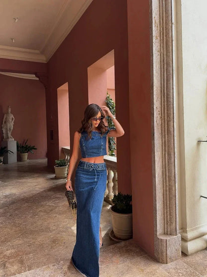 Classic Denim Shirt Slim Skirt Woman's Set Vintage One Shoulder Lace Up Tops A-lined High Waist Skirts Sets Female Chic Street