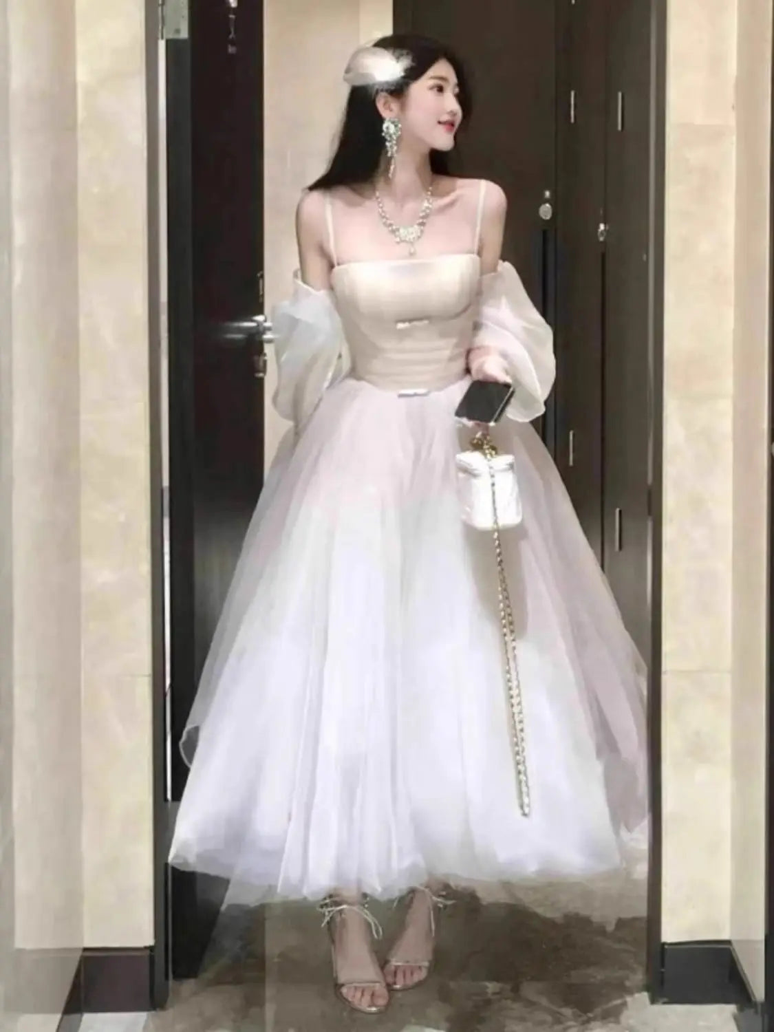 High-Grade Wear Waist Trimming Lace up Suspenders Dress Beautiful Long
