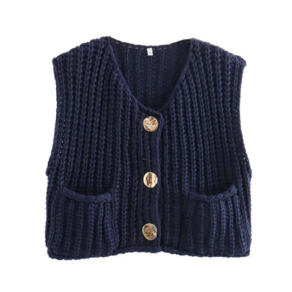 Fashion Sleeveless Knitted Cardigan Vests For Women Autumn New Short Sweater Button With Pockets Solid Color Knitted Top