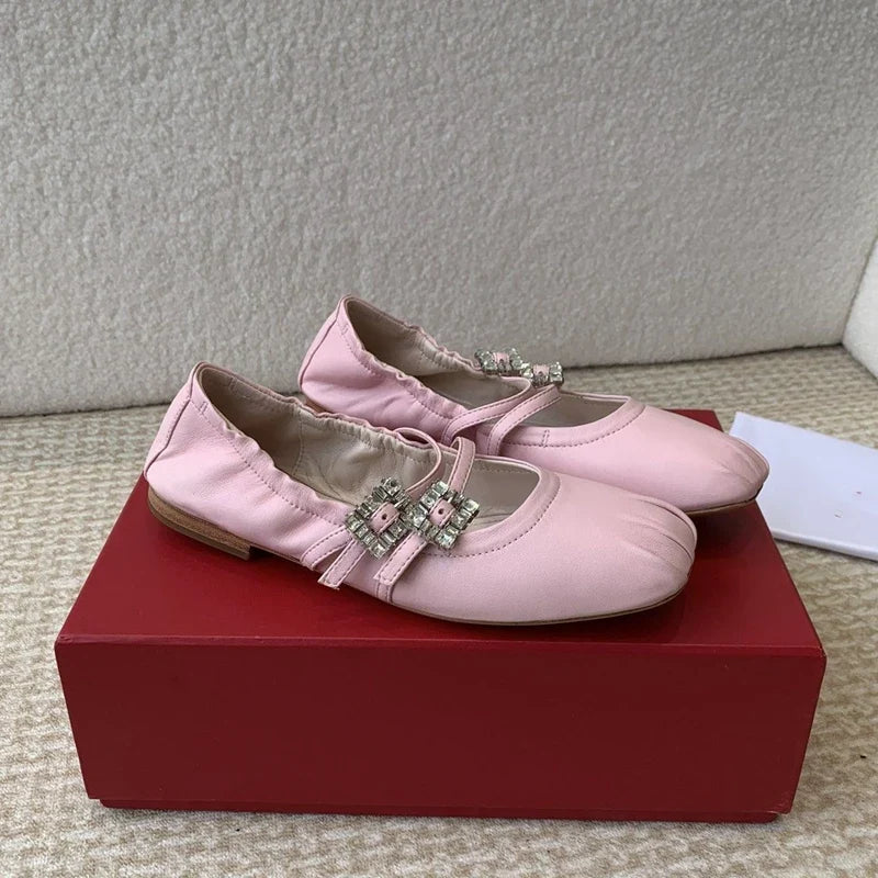 Casual Woman Shoe Square Toe Shallow Mouth Female Footwear Crystal Buckle Round New Dress Rhinestone Rubber Leisure Microfiber P