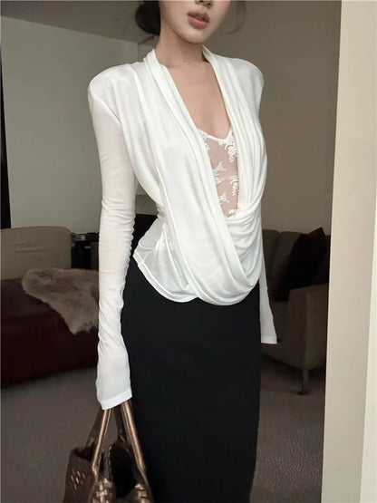 Hot Girl Sexy Mesh Lace See Through Long Sleeved T-shirt for Women 2025 Spring White Base Shirt Slim Fit Temperament Inner Top