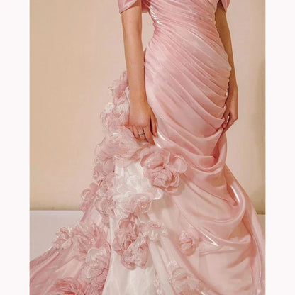 Women Dress Gradual Pink Gradient Formal Dress with Roses Strapless Sleeveless Elegant Chic Evening Party Gown