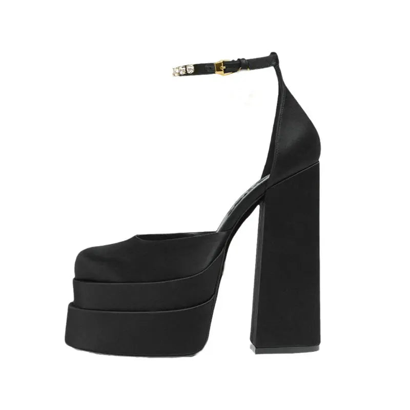 High Quality Satin Women Super High Heels Square Toe Platform Ankle Strap Party Wedding Shoes Mary Jane Chunky Heel Shoes