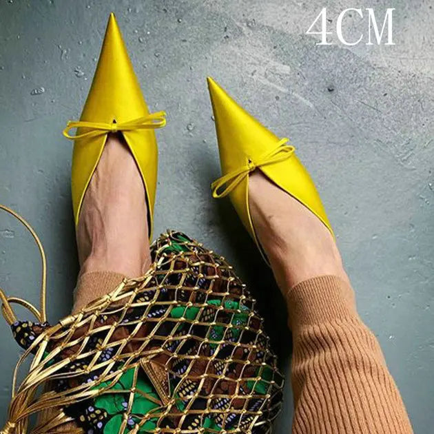 Super Hot Pointy Bow V-Top Skinny Heel Bun Towing Summer Muller Shoes Fashion Leather Low Heel Pumps