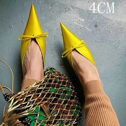 Super Hot Pointy Bow V-Top Skinny Heel Bun Towing Summer Muller Shoes Fashion Leather Low Heel Pumps