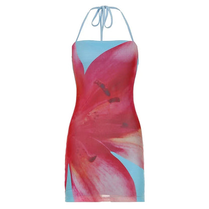 Holiday Style Floral Print Halter Mini Dress Summer Women Sexy Backless Slim Fit Bodycon Short Dress Boho Chic Outfit