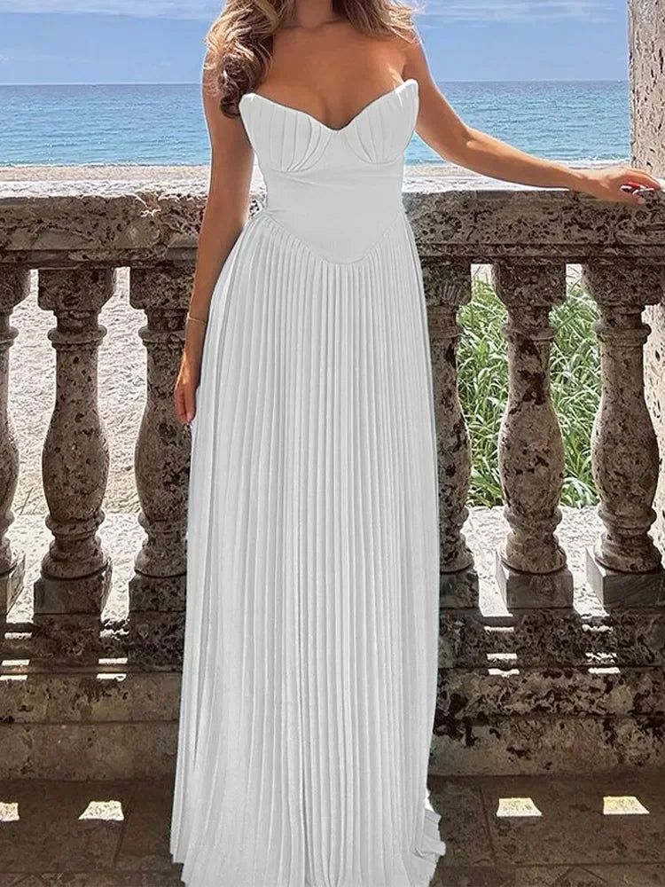 Pleated Scoop Neck Spaghetti Strap Maxi Dress