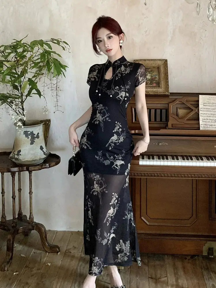 Vintage Chinese National Style Slimming Modified Cheongsam Dress Women's New Summer Chic Y2K Slim Elegant Split Long Dress