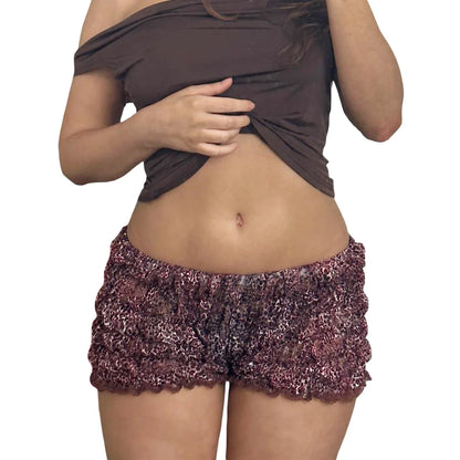 Women's Y2K Vintage Gothic Ruffled Slim Fit Lace Trim Shorts Summer Leopard Print Elastic Low Waist Lounge Bottoms